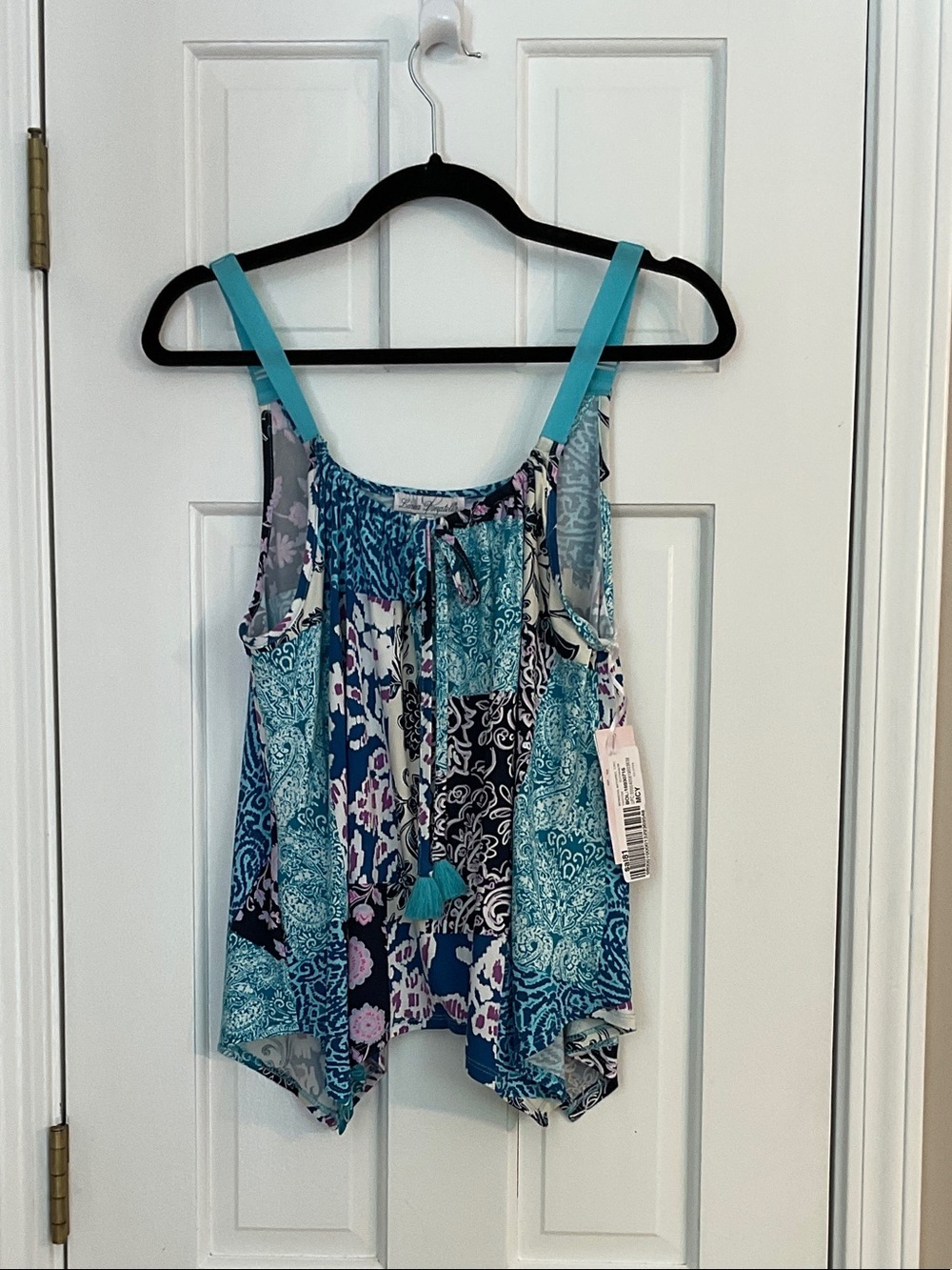 Linea Donatella Blue Teal Patchwork Tank with Tassel